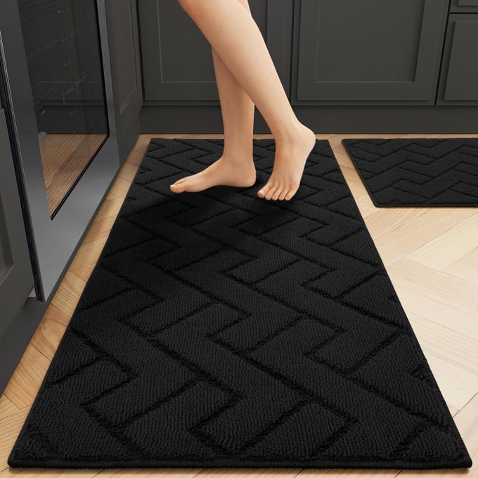 KITCHEN RUGS AND MATS SETS2 PIECES SUPER ABSORBENT POLYPROPYLENE NONSLIP RUGSOFT COMFORT FLOOR MATWASHABLE FOR KITCHENHALLWAYOFFICESINKLAUNDRY20 X 315 PLUS 20 X 48BLACK