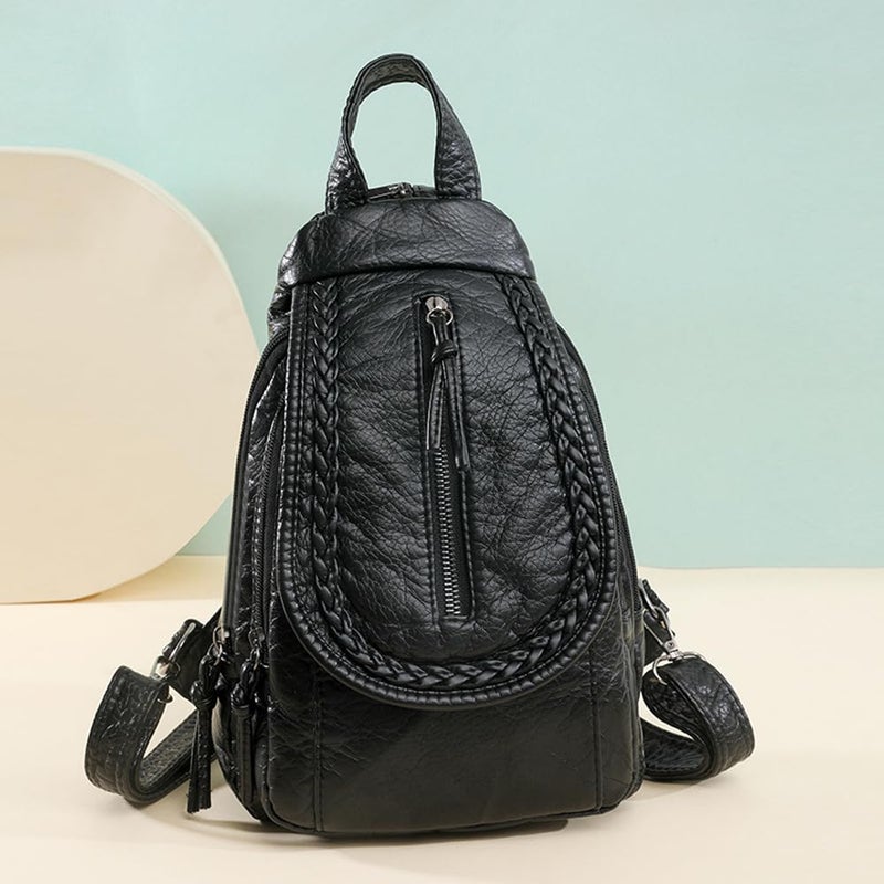 NIGEDU Vintage Embroidered Women Backpacks Soft PU Leather Backpack Purse Small Female Travel Bag Black Chest Packs (Zipper) - Image 2
