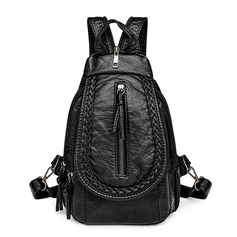 NIGEDU Vintage Embroidered Women Backpacks Soft PU Leather Backpack Purse Small Female Travel Bag Black Chest Packs (Zipper) - Image 1