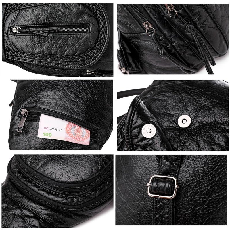 NIGEDU Vintage Embroidered Women Backpacks Soft PU Leather Backpack Purse Small Female Travel Bag Black Chest Packs (Zipper) - Image 5
