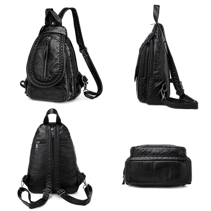 NIGEDU Vintage Embroidered Women Backpacks Soft PU Leather Backpack Purse Small Female Travel Bag Black Chest Packs (Zipper) - Image 4