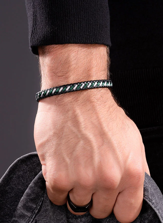 POLICE Twist Black and D.Grn Woven Leather With Stainless Steel Motif Gents BraceletPEAGB0034002