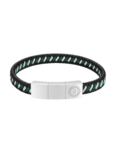 POLICE Twist Black and D.Grn Woven Leather With Stainless Steel Motif Gents BraceletPEAGB0034002