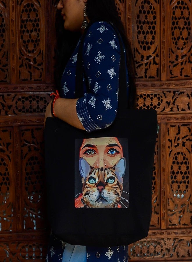 Roundsun Eco-Friendly Printed Black Canvas Horizontal Tote Bag Artistic Design Collection (Black) (Cat Eye) - Image 2