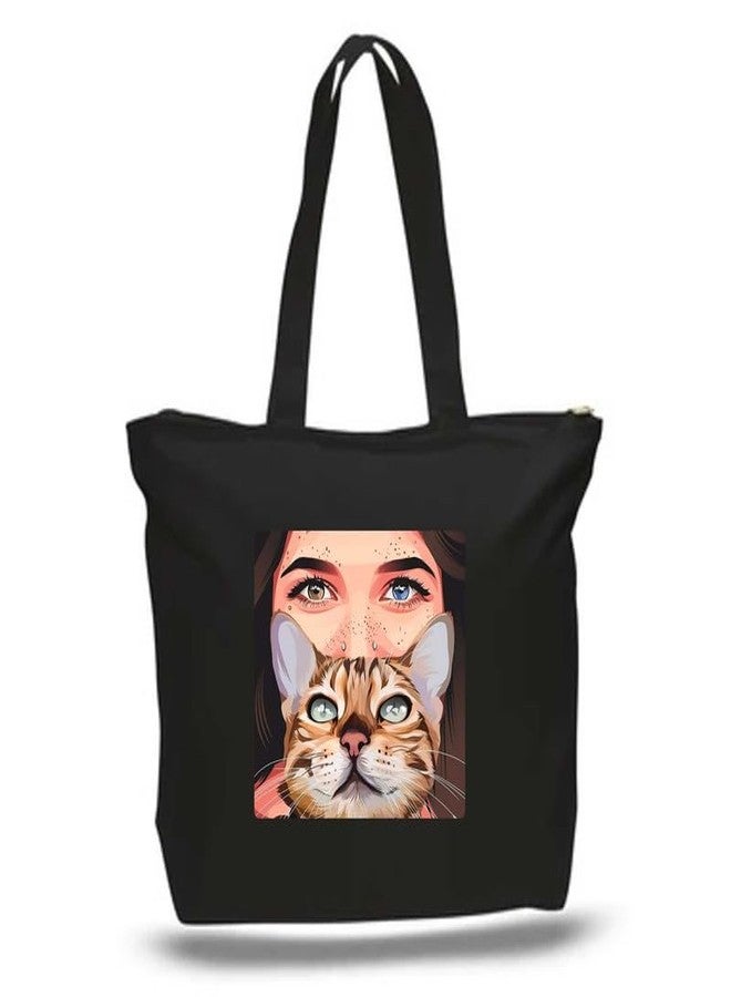 Roundsun Eco-Friendly Printed Black Canvas Horizontal Tote Bag Artistic Design Collection (Black) (Cat Eye) - Image 1