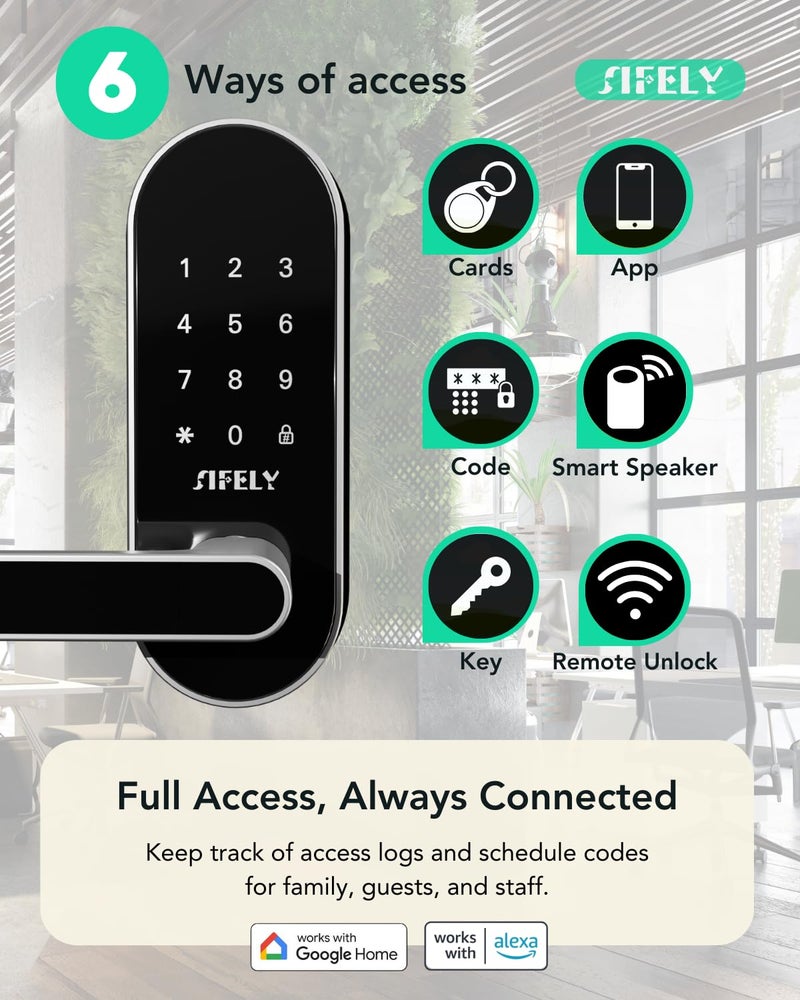 Sifely Built-in WiFi Smart Door Lock with Handle â€“ Keyless Entry via App, Codes, Cards, Key, Voice & Remote Unlock, Auto-Lock, Access Logs, Family Sharing, Works with Alexa & Google, Great for Home & Rental - Image 3