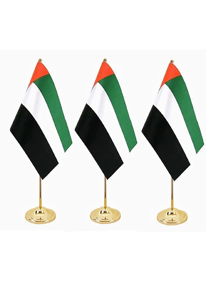 بوكسوودس 3 قطع من علم الإمارات العربية المتحدة مع حوامل معدنية ذهبية للمكتب واحتفالات اليوم الوطني - Image 1