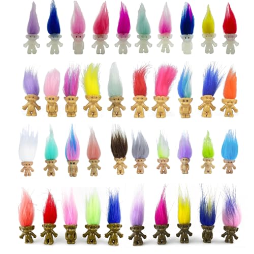 Yintlilocn 40pcs Luminous Mini Troll Dolls Glow in The Dark Vintage Action Figures Troll Dolls 12 Bodies 23 Hair Cake Toppers School Project Arts and Crafts 40pcs - Image 1