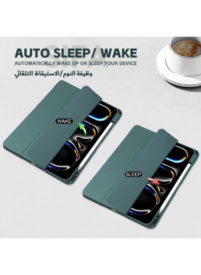 Hybrid Slim Case for iPad Pro (5th Generation) 11-Inch (M4) 2024, Trifold Stand Tablet Case with Apple Pencil Holder, Auto Wake Sleep, Smart Magnetic Cover Clear Acrylic Back Shockproof Cover, Green - Image 3