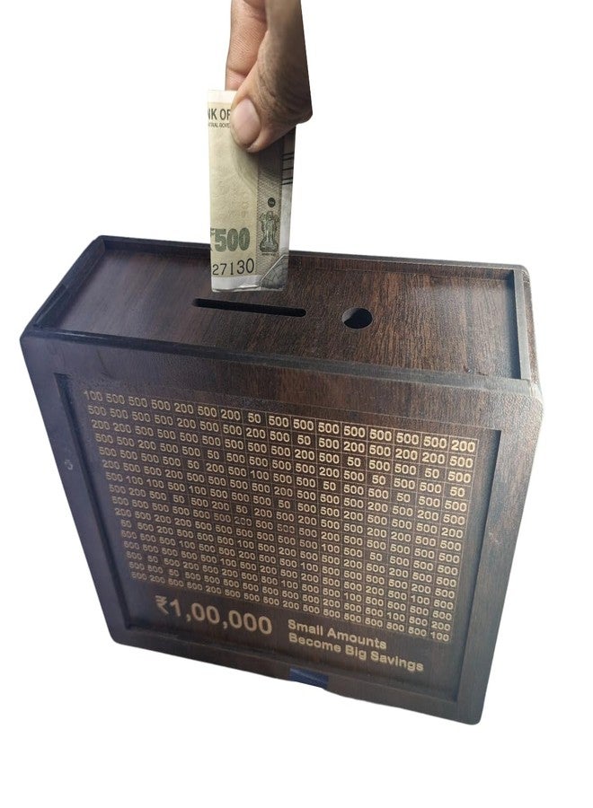 Natkam Wooden Piggy Bank with ₹1 Lakh Savings Chart – Carved Coin Box & Money Goal Tracker for Kids, Adults and Perfect for Gifting - Image 2