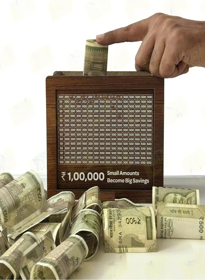 Natkam Wooden Piggy Bank with ₹1 Lakh Savings Chart – Carved Coin Box & Money Goal Tracker for Kids, Adults and Perfect for Gifting - Image 4