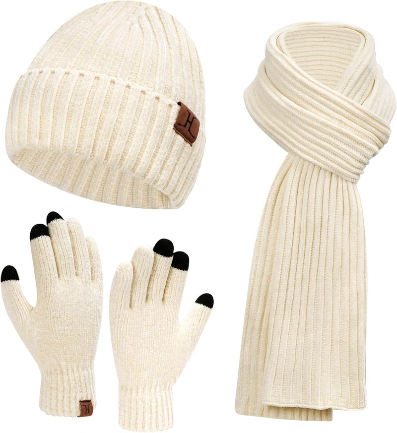 AQOTHES Womens Winter Knit Warm Hat Beanie Long Scarf Touch Screen Gloves Set Skull Caps Neck Scarves for Women - Image 1