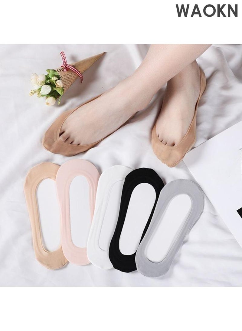 WAOKN Ultra Low Cut No Show Socks ，Women Non Slip Cotton Liner Socks， Hidden Invisible for Flats Boat Summer 5 Pairs，Thin, shallow-mouth invisible socks, breathable ice silk boat socks, with non-slip silicone socks that won't fall off. - Image 1