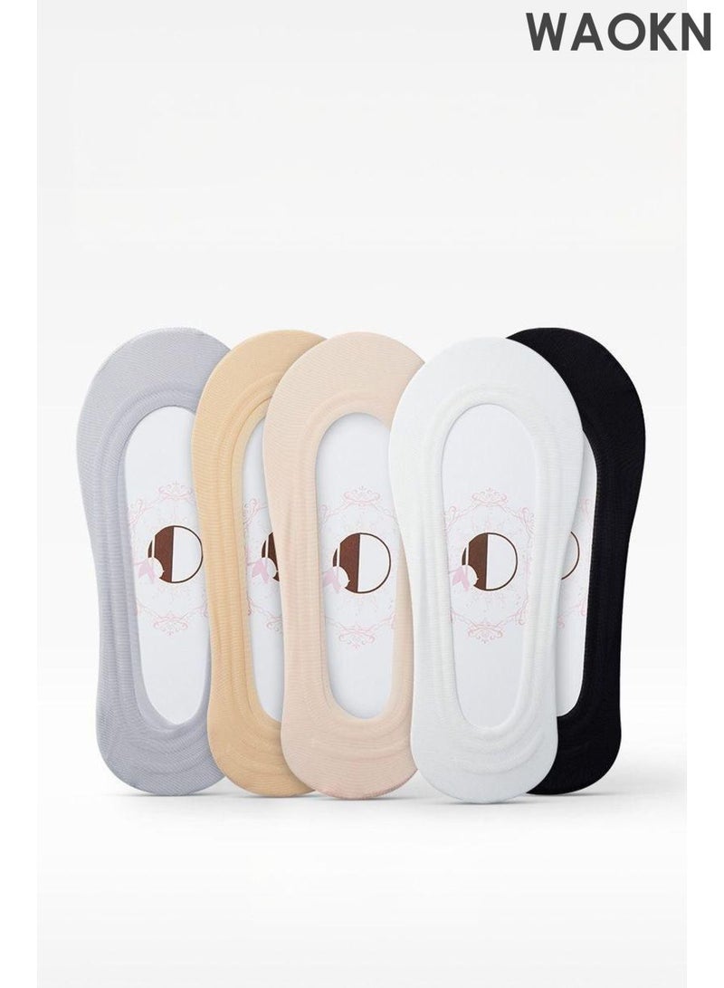 WAOKN Ultra Low Cut No Show Socks ，Women Non Slip Cotton Liner Socks， Hidden Invisible for Flats Boat Summer 5 Pairs，Thin, shallow-mouth invisible socks, breathable ice silk boat socks, with non-slip silicone socks that won't fall off. - Image 2