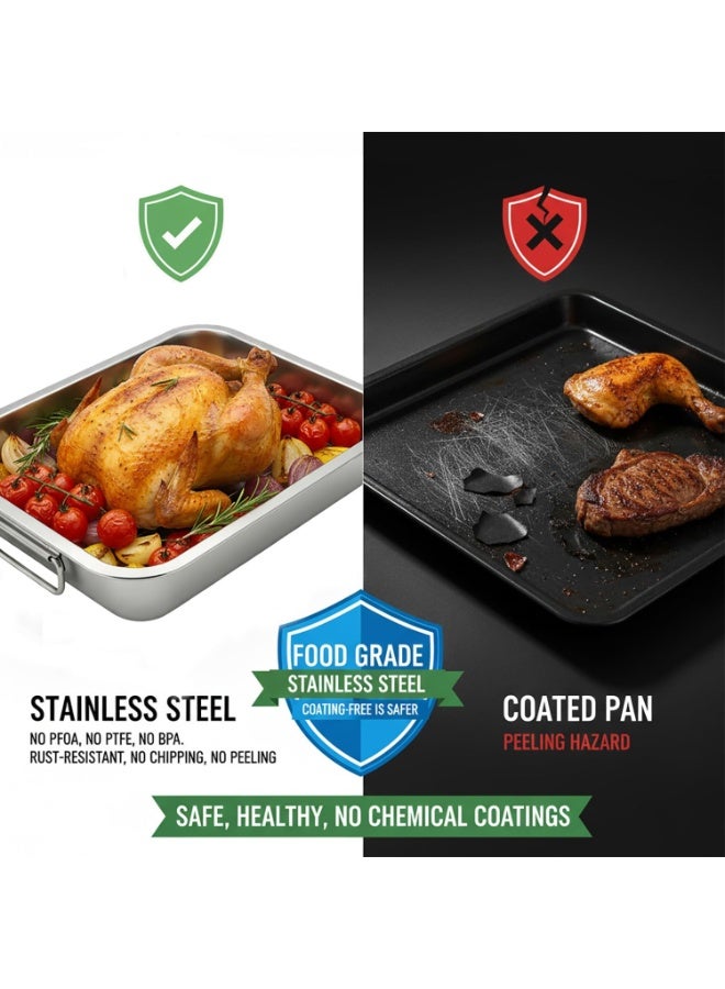 Turkey Roasting Pan, Stainless Steel Roaster Pan with Baking Rack, For Roasting Turkey, Chicken, Lasagna,Meat, Silver 16x12x3 Inch - Image 5