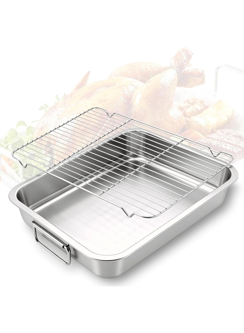 Turkey Roasting Pan, Stainless Steel Roaster Pan with Baking Rack, For Roasting Turkey, Chicken, Lasagna,Meat, Silver 16x12x3 Inch - Image 2