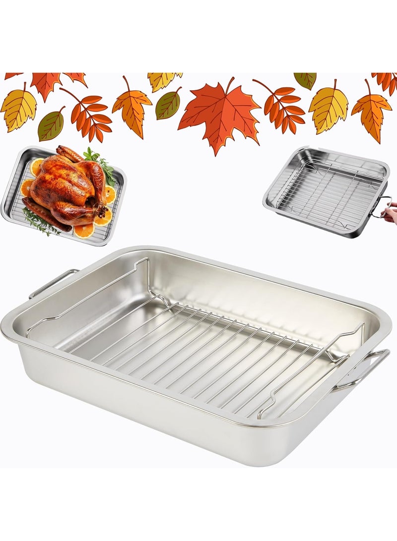 Turkey Roasting Pan, Stainless Steel Roaster Pan with Baking Rack, For Roasting Turkey, Chicken, Lasagna,Meat, Silver 16x12x3 Inch - Image 1