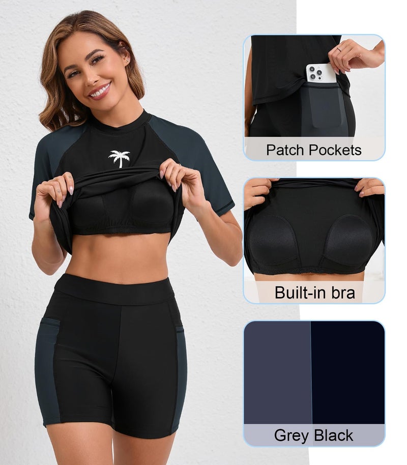 Halcurt Women's Short Sleeve Rash Guard Sets with Built in Bra UPF50+ Swim Shirt Top and Shorts Black M - Image 3