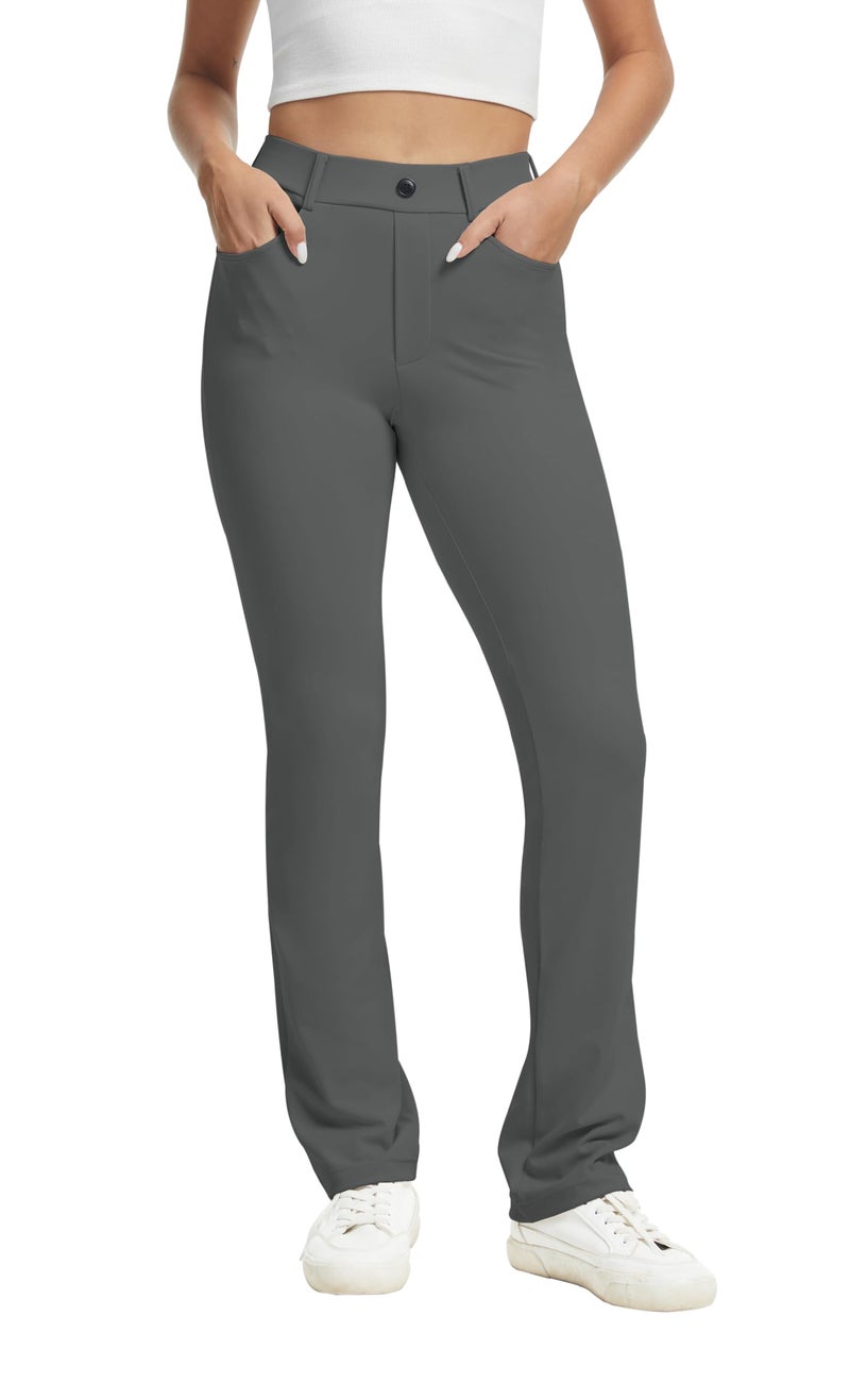 VIMPEP Yoga Pants Women Straight Leg Pants with Pockets High Waist Stretchy Pull On Dress Slacks for Casual Lounge Office Work Petite/Regular 1202 29 Dark Grey Color L - Image 1