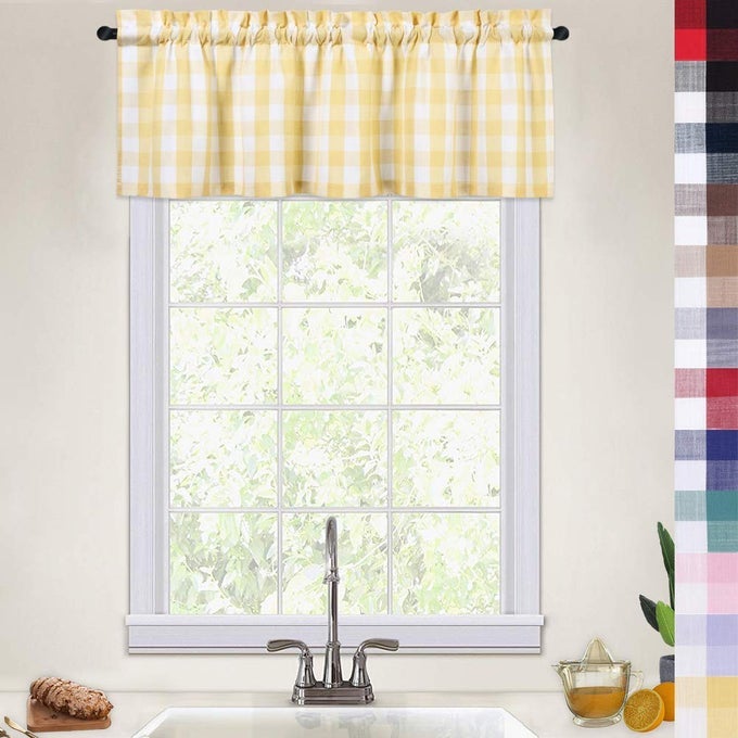 BUFFALO CHECK GINGHAM PATTERN THICK VALANCE CURTAINS FOR KITCHEN CAFE CURTAINS BATHROOM WINDOW CURTAINS 52X15 INCHES YELLOWWHITE