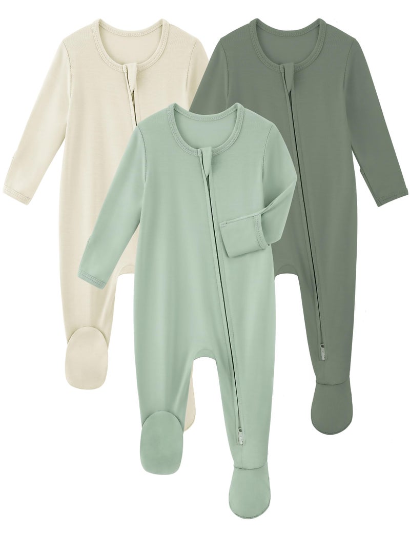 Yoofoss Rayon Made From Bamboo Baby Pajamas 3pcs Newborn Sleepers For Boy Girl Clothes, 0-3 Months Footed Pajamas Zipper Baby Pjs with Mitten,Sage&green&beige - Image 1