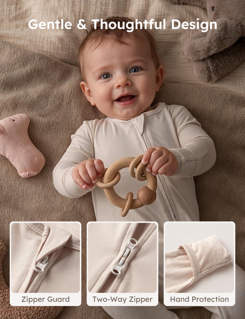 Yoofoss Rayon Made From Bamboo Baby Pajamas 3pcs Newborn Sleepers For Boy Girl Clothes, 0-3 Months Footed Pajamas Zipper Baby Pjs with Mitten,Sage&green&beige - Image 3