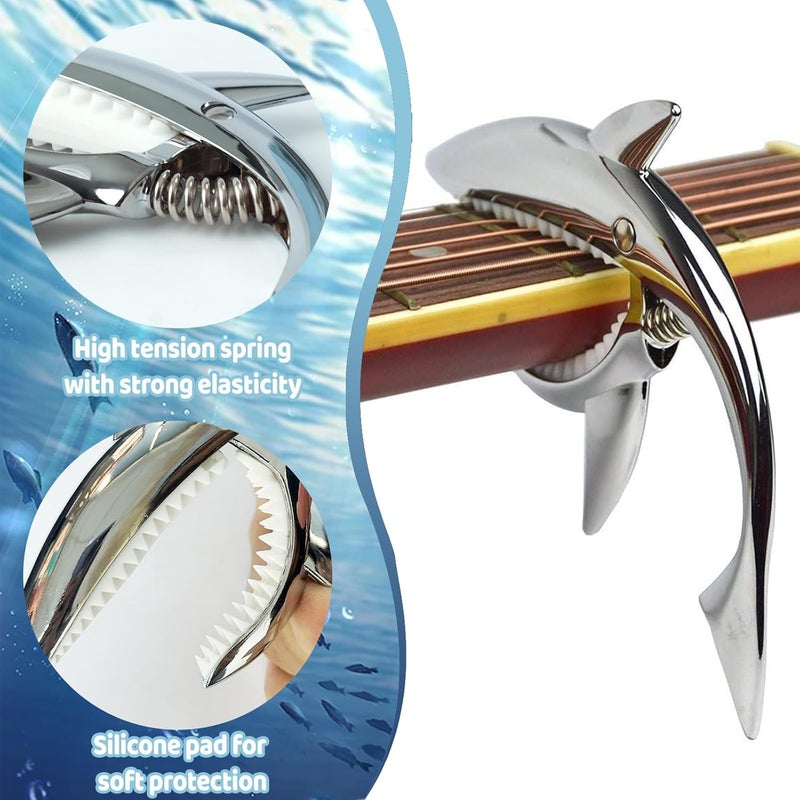 مشبك القيثارة Shark للقيثارة الصوتية ذات 6 أوتار، إكسسوارات قيثارة متينة وشخصية (فضي) - Image 3
