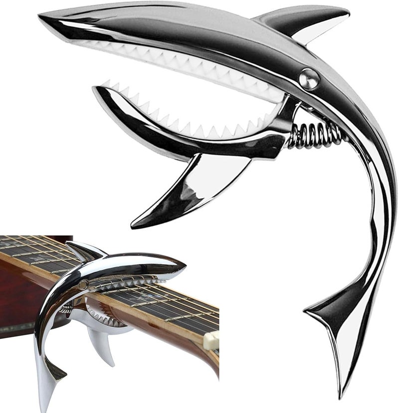 مشبك القيثارة Shark للقيثارة الصوتية ذات 6 أوتار، إكسسوارات قيثارة متينة وشخصية (فضي) - Image 1