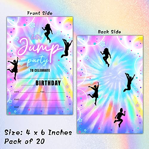 Foosproea Jump Trampoline Birthday Invitations with Envelopes - Bounce House Party Invitation Card for Girls / Boys - Let's Jump Fill-in Invites Cards - Neon Rainbow Glow Party Celebration (20 Pack)-14 - Image 2