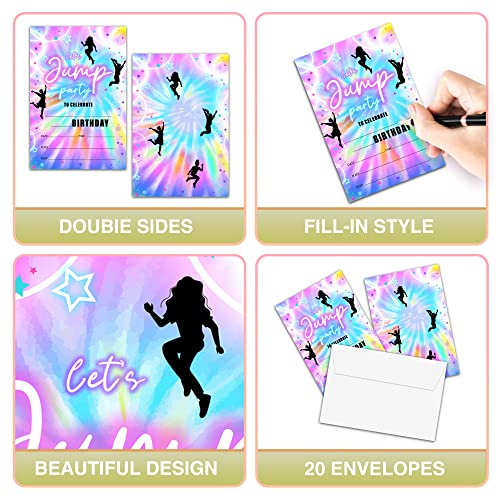 Foosproea Jump Trampoline Birthday Invitations with Envelopes - Bounce House Party Invitation Card for Girls / Boys - Let's Jump Fill-in Invites Cards - Neon Rainbow Glow Party Celebration (20 Pack)-14 - Image 3