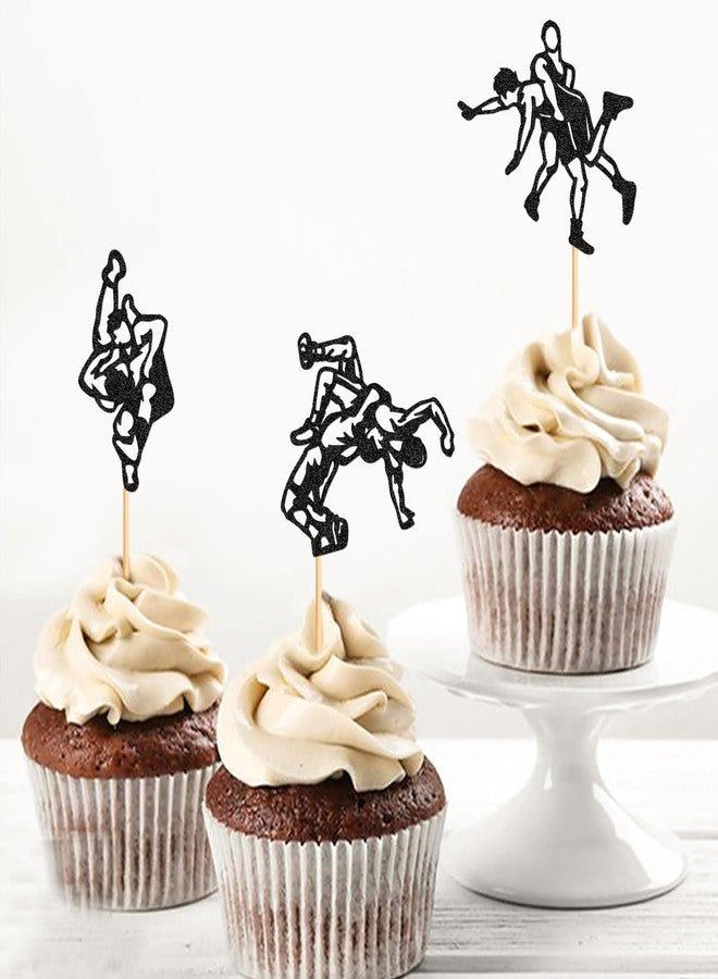 Ercadio 24 Pcs Wrestling Cupcake Toppers Glitter Black Man Wrestler Birthday Cupcake Pick Decorations Wrestling Sport Theme Kids Birthday Baby Shower Party Decorations - Image 3