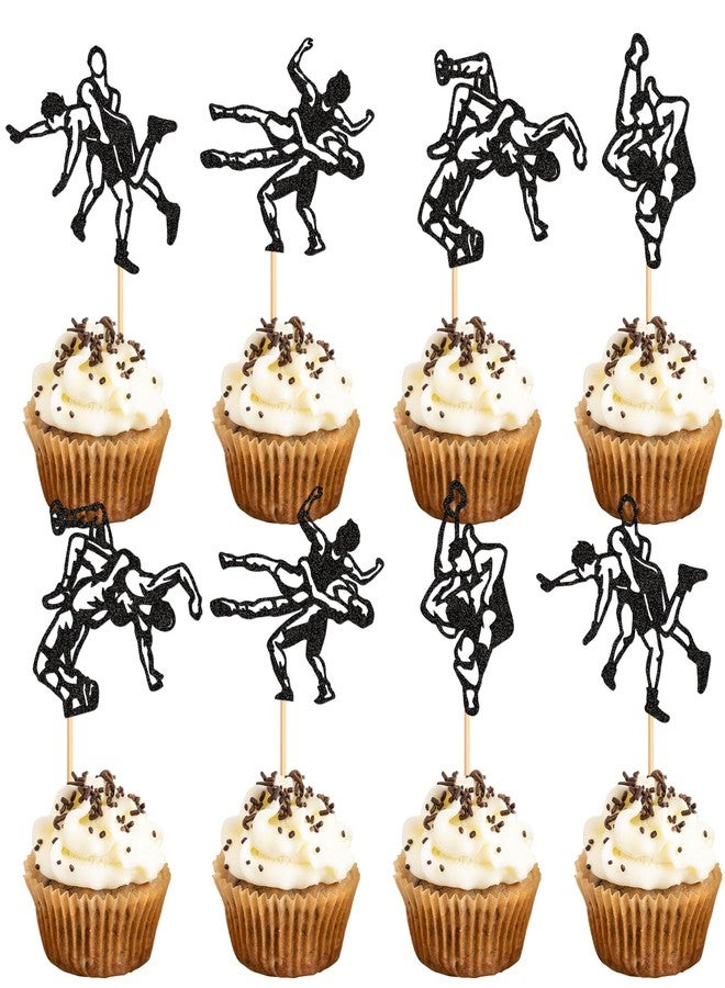 Ercadio 24 Pcs Wrestling Cupcake Toppers Glitter Black Man Wrestler Birthday Cupcake Pick Decorations Wrestling Sport Theme Kids Birthday Baby Shower Party Decorations - Image 1