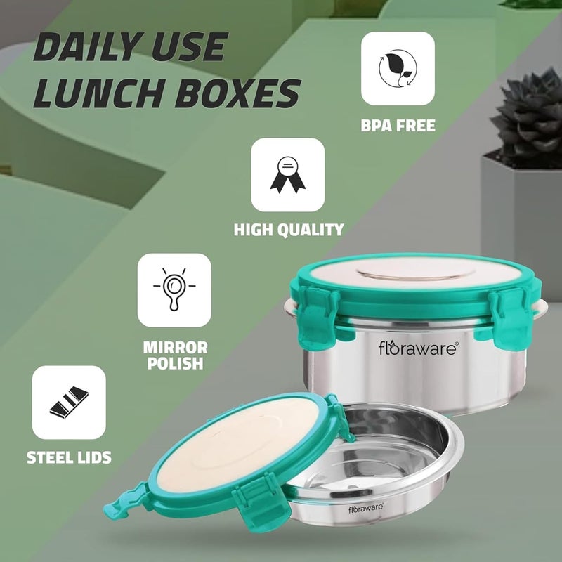 Floraware Stainless Steel Insulated Airtight LeakProof Lunch Box Unbreakable Lid Snacks Tiffin for Kids Light Weight Easy Clean for Office School Picnic Travelling Set 2 500 ml Sea Green - Image 2