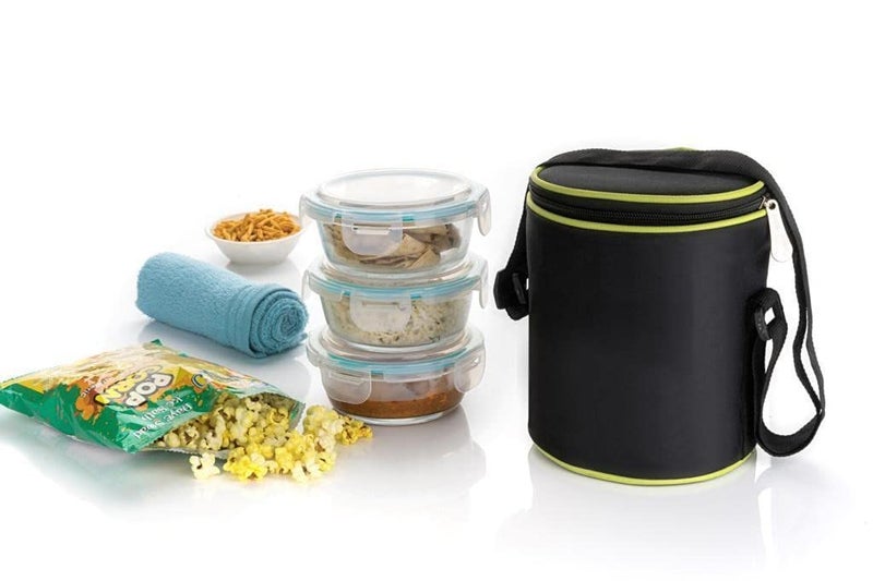 DS ENTERPRISE DS Enterprise | Glass Lunch Box 400 ml, Round, Microwave Safe Office Tiffin Box for Office use, Student, Women, Men, Girls with Bag Cover | Air Tight (Premium Glass Lunch Box-3 Container)  - Image 2