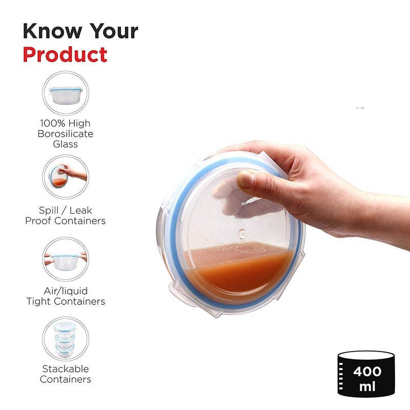DS ENTERPRISE DS Enterprise | Glass Lunch Box 400 ml, Round, Microwave Safe Office Tiffin Box for Office use, Student, Women, Men, Girls with Bag Cover | Air Tight (Premium Glass Lunch Box-3 Container)  - Image 3