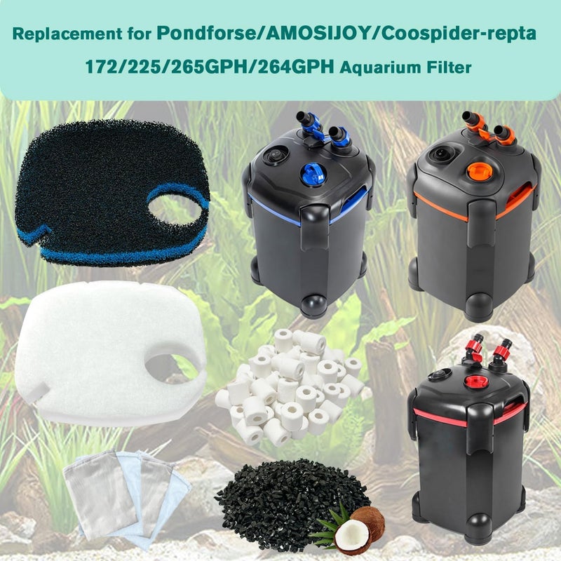 يتناسب مع فلتر خارجي لحوض السمك AMOSIJOY 172/225/265 جالون في الساعة وفلتر حوض السمك Coospider-repta 172/225/265 جالون في الساعة، يشمل 6 قطع من الخيط الأبيض، 2 وسادة ترشيح خشنة، 2 عبوة كربون بديلة و2 حلقة سيراميك. - Image 2