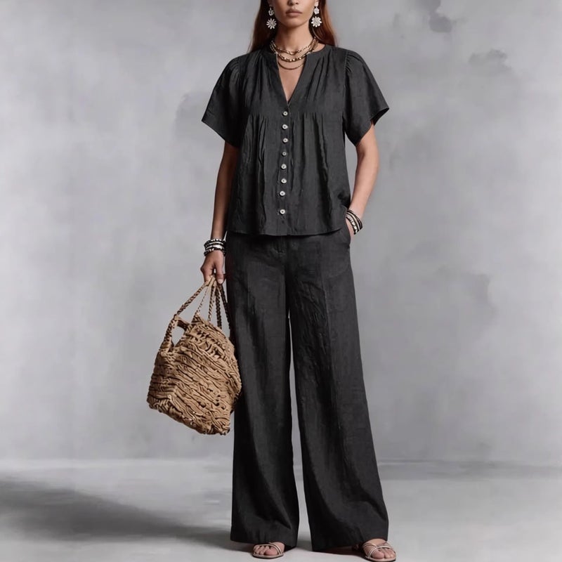 Women's Cotton Linen V-Neck Casual Set Beach Vacation Outfit - Image 1