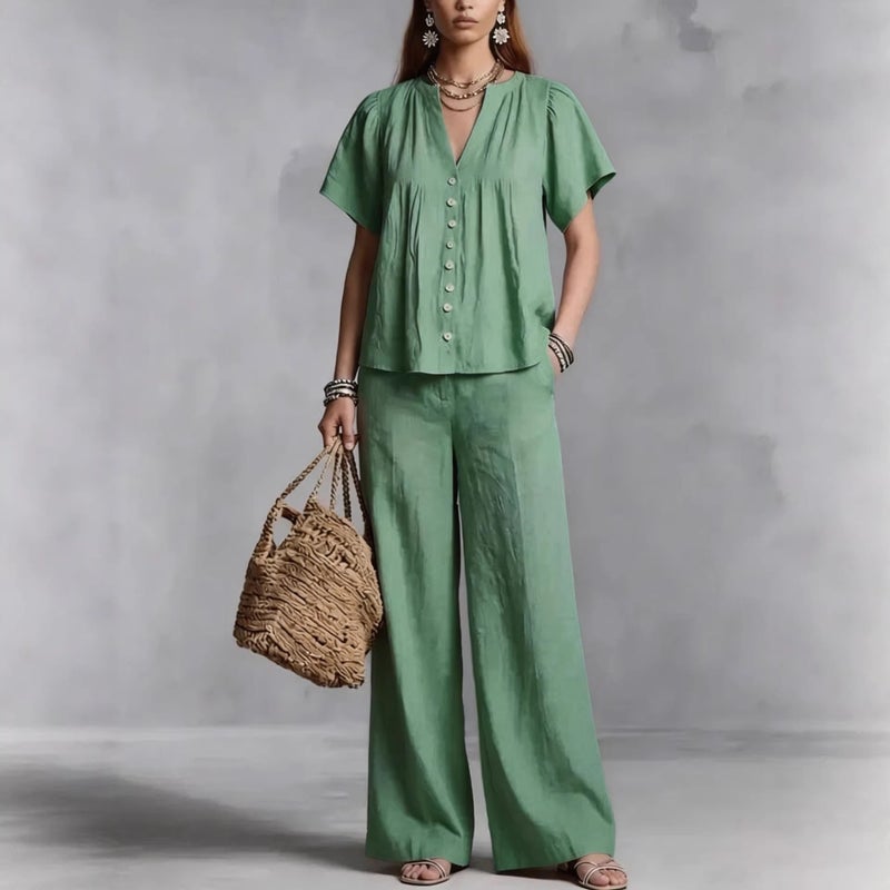 Women's Cotton Linen V-Neck Casual Set Beach Vacation Outfit - Image 2