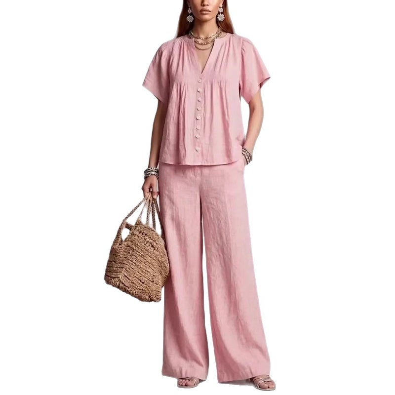 Women's Cotton Linen V-Neck Casual Set Beach Vacation Outfit - Image 3