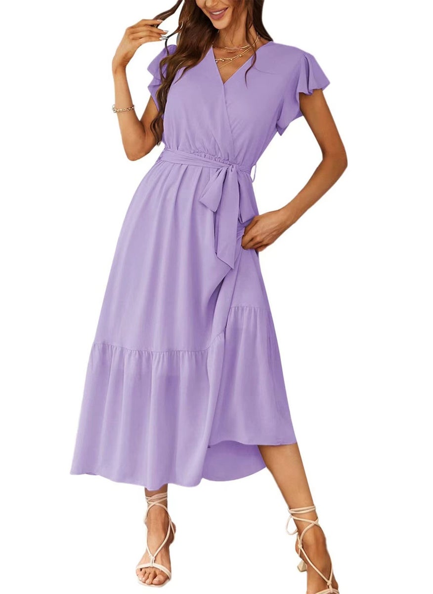 Generic Amazon Womens Floral Summer Dress V-Neck Short Sleeves Belted Ruffles Below The Knee A- Line Long Dress Purple  - Image 1