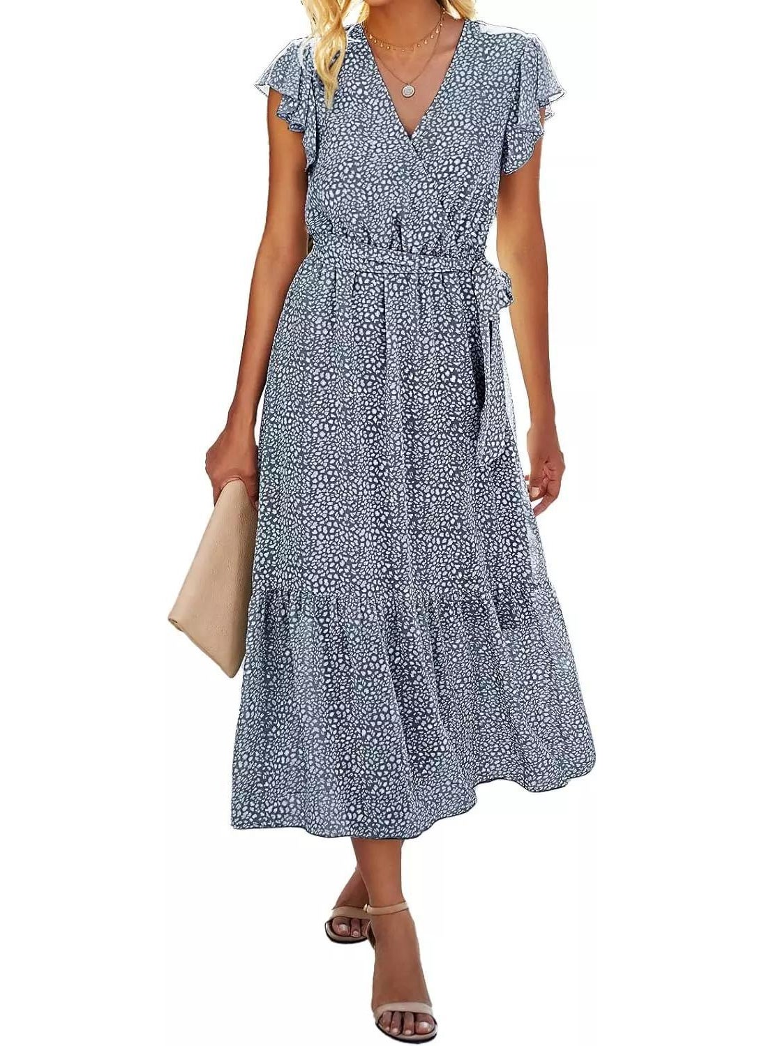 Generic Amazon Womens Floral Summer Dress V-Neck Short Sleeves Belted Ruffles Below The Knee A- Line Long Dress Purple  - Image 3