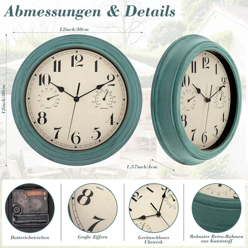 Foxtop Waterproof Silent Wall Clock with Thermometer and Hygrometer, 30 cm Outdoor Retro Garden Clock, Wall Clock, No Ticking Noise, Garden Clock, Weatherproof Outdoor for Bathroom, Garden, Kitchen - Image 2