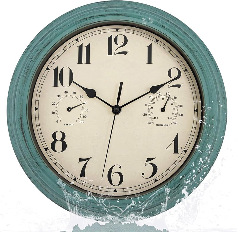 Foxtop Waterproof Silent Wall Clock with Thermometer and Hygrometer, 30 cm Outdoor Retro Garden Clock, Wall Clock, No Ticking Noise, Garden Clock, Weatherproof Outdoor for Bathroom, Garden, Kitchen - Image 1