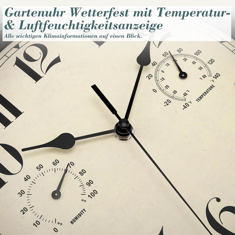 Foxtop Waterproof Silent Wall Clock with Thermometer and Hygrometer, 30 cm Outdoor Retro Garden Clock, Wall Clock, No Ticking Noise, Garden Clock, Weatherproof Outdoor for Bathroom, Garden, Kitchen - Image 4