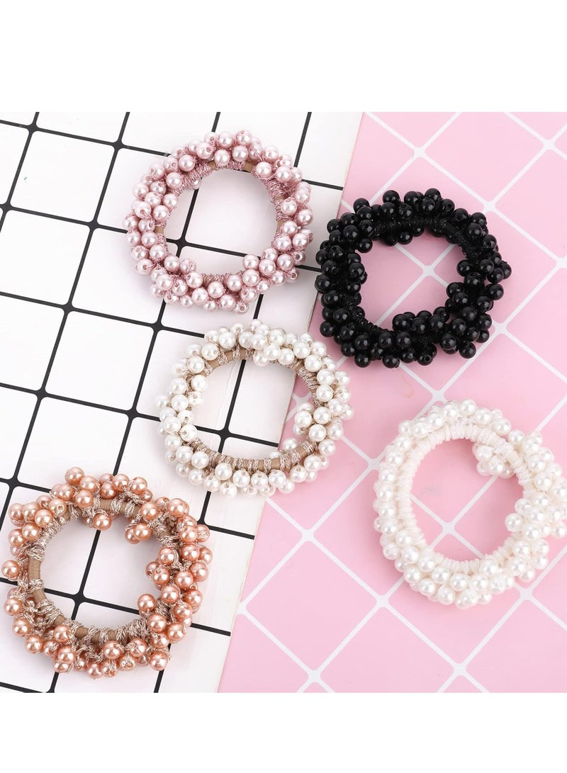 أوزيغالور 5 قطع ربطات شعر من اللؤلؤ وأحجار الراين، ربطات شعر مرنة (وردي شمباني، أبيض)، إكسسوارات شعر للنساء والفتيات - Image 4