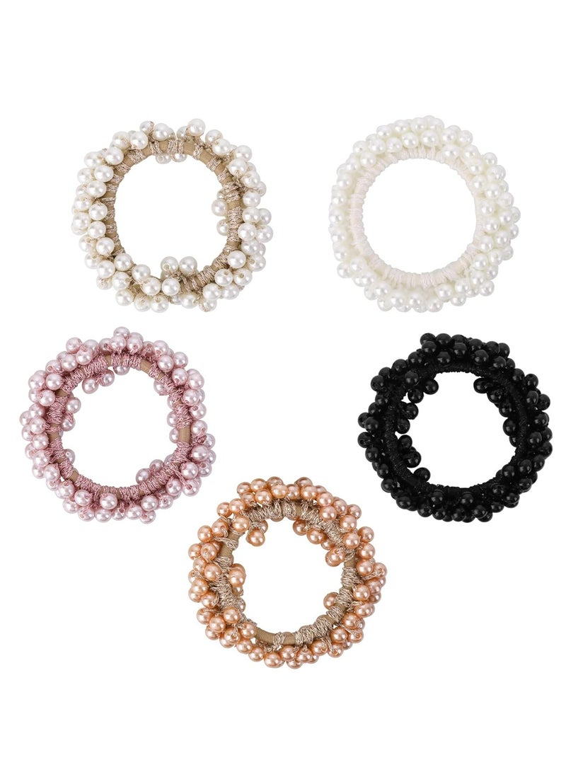 أوزيغالور 5 قطع ربطات شعر من اللؤلؤ وأحجار الراين، ربطات شعر مرنة (وردي شمباني، أبيض)، إكسسوارات شعر للنساء والفتيات - Image 5