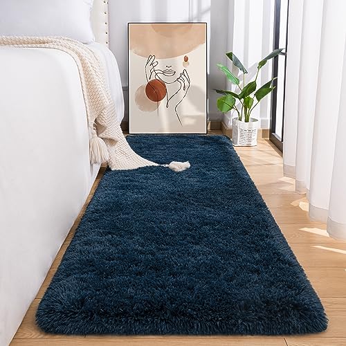 Przemy Fluffy Runner Rug for Bedroom Living Room 2x6 Feet Navy Blue Shag Area Rugs Soft Fuzzy Carpet for Bedside Nursery Kids Room College Dorm Plush Throw Rug for Home Decor - Image 1