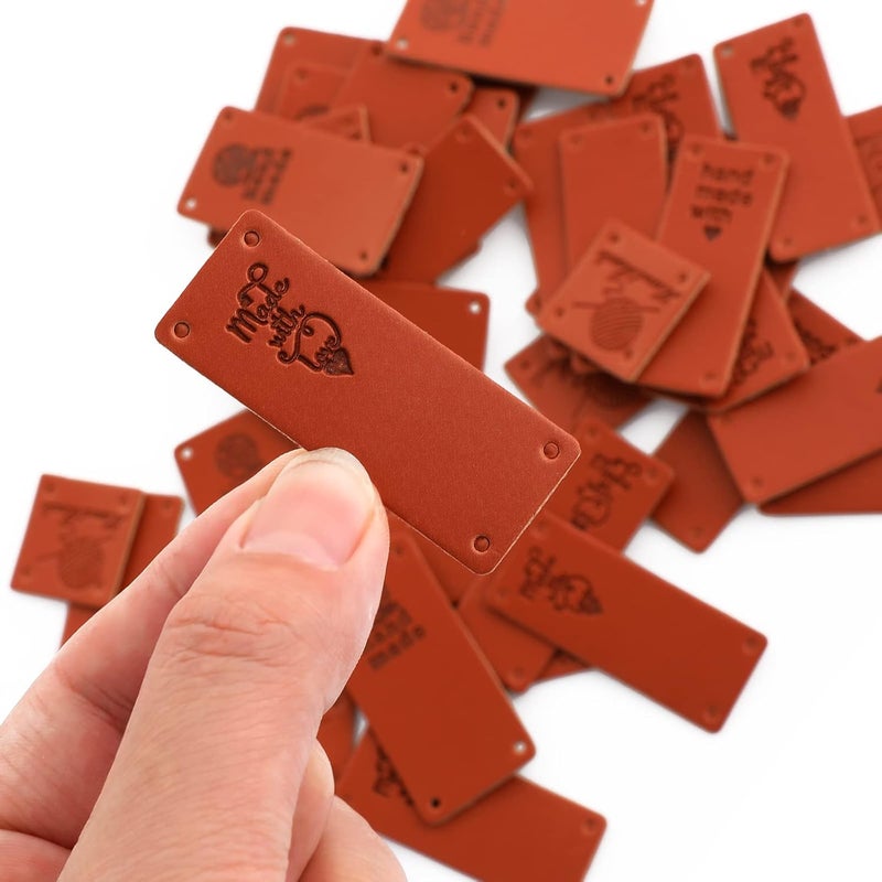 klarako 40PCS Handmade Leather Labels PU Leather Labels Hand Labels Faux Leather Sew on Labels Embellishment Knit Accessories with Holes - Image 3