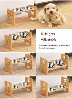 LENND Elevated Dog Bowls, Adjustable Raised Dog Bowl Stand for Small Puppy and Cats, Sturdy Bamboo Pet Food Feeder with 2 Stainless Steel Dishes, Natural  - Image 3