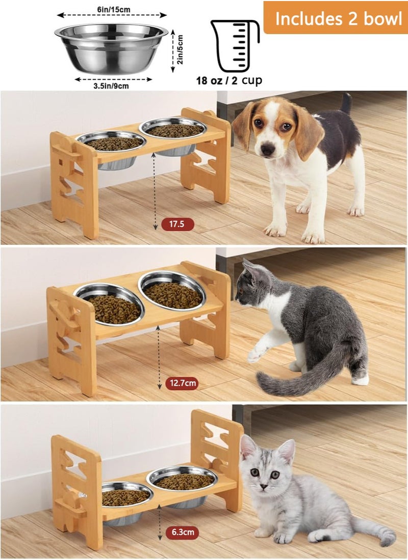 LENND Elevated Dog Bowls, Adjustable Raised Dog Bowl Stand for Small Puppy and Cats, Sturdy Bamboo Pet Food Feeder with 2 Stainless Steel Dishes, Natural  - Image 2